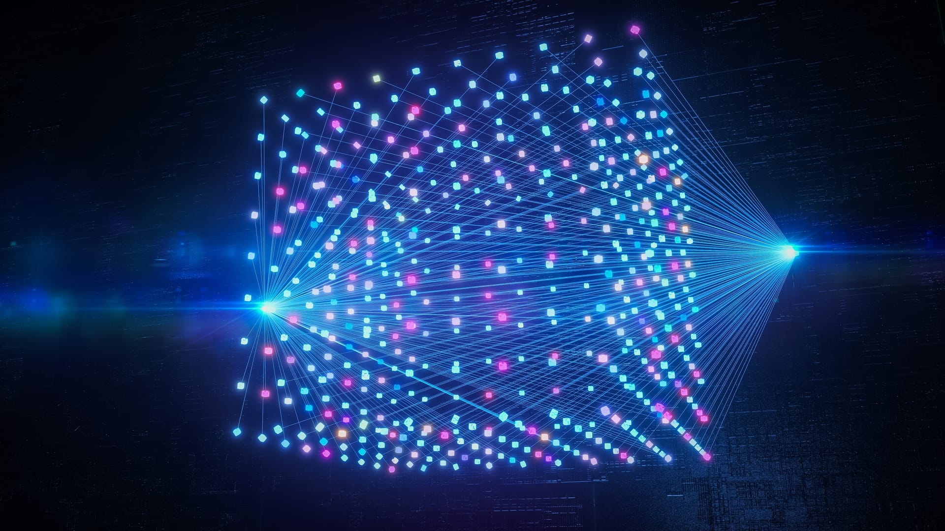 Neural network model of glowing nodes and connections on black
