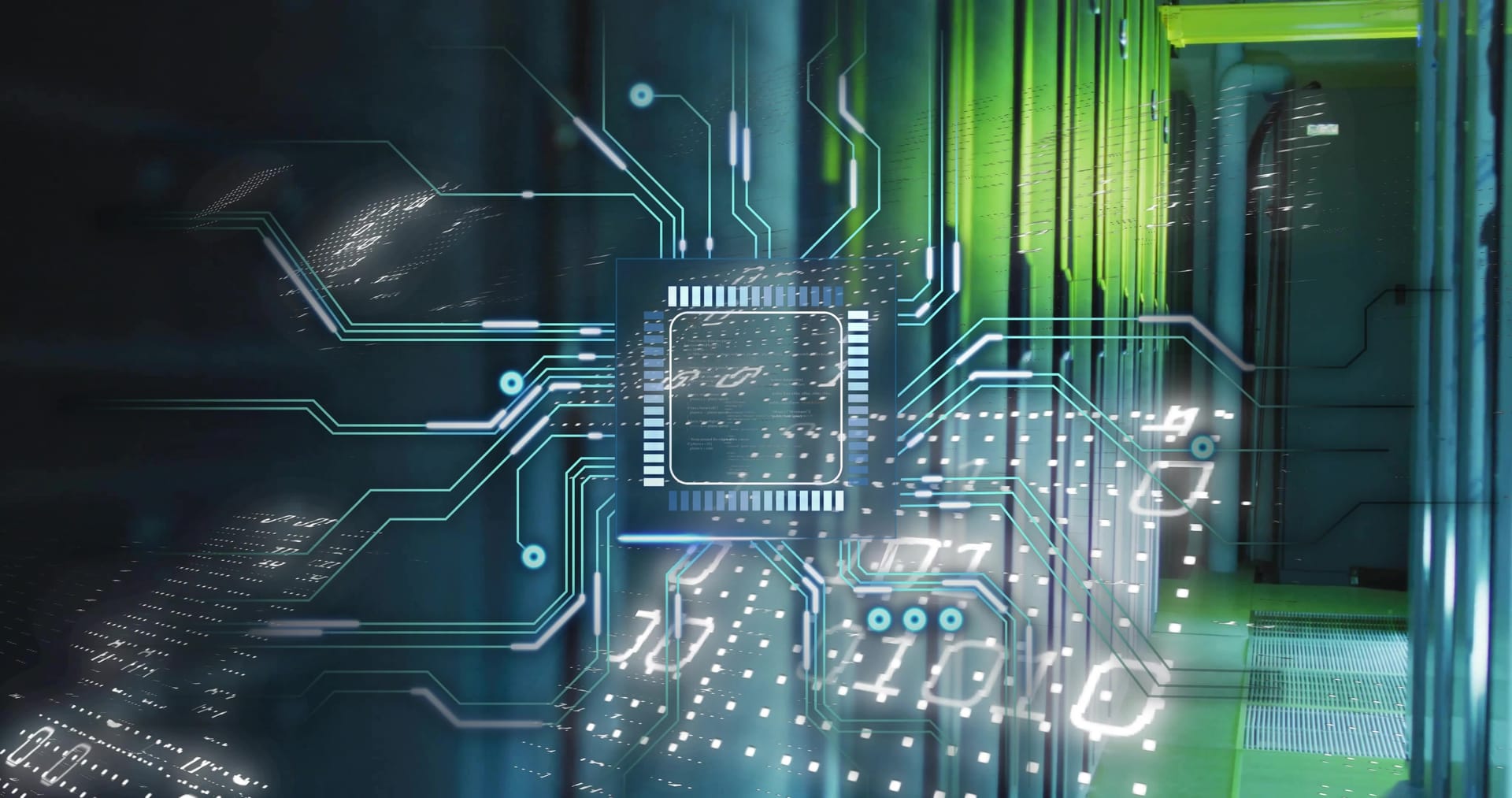 Translucent holographic chip diagram over a circuit background