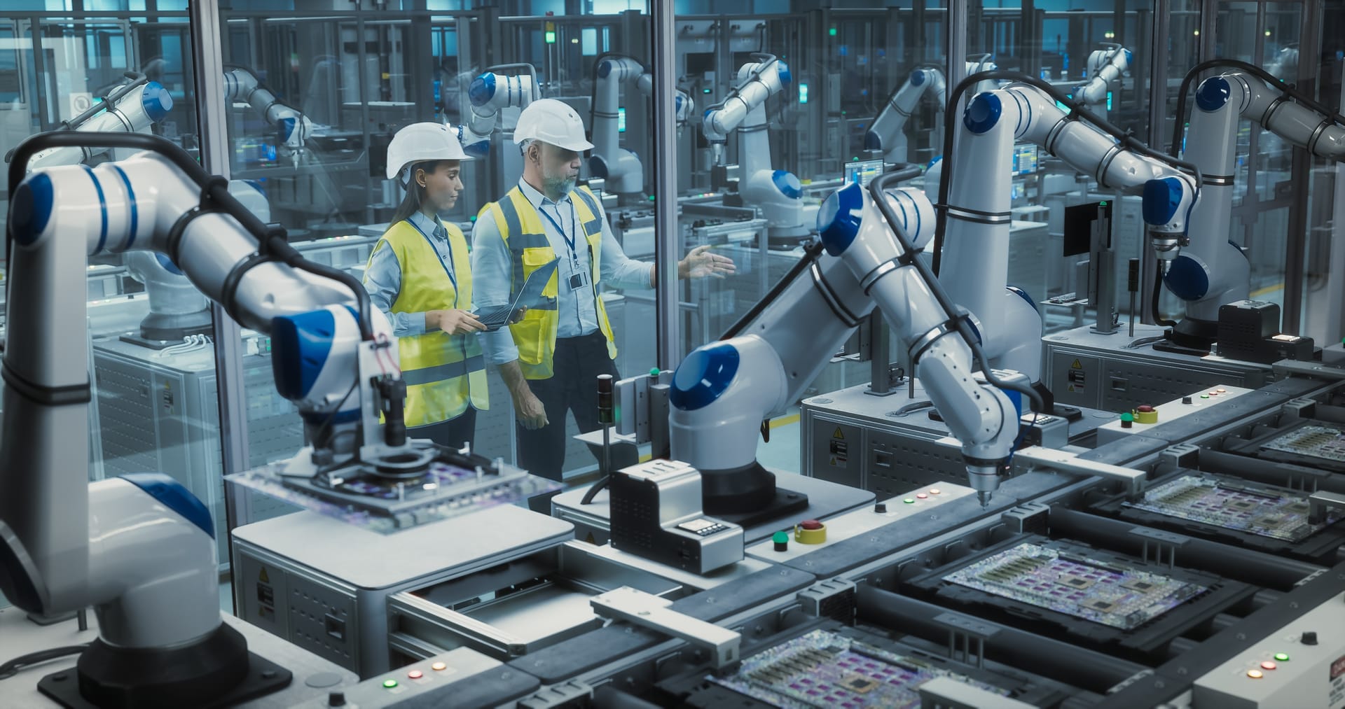Engineers with a laptop beside robotic arms on a production line