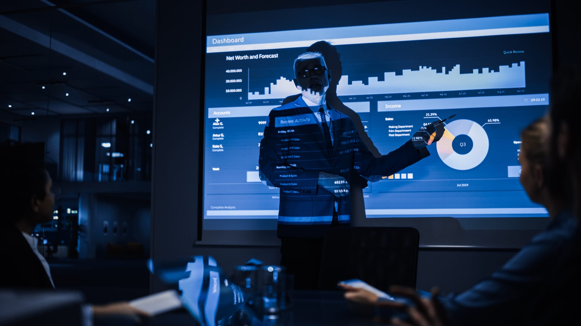 Executive presenting charts to a leadership team in a dark boardroom
