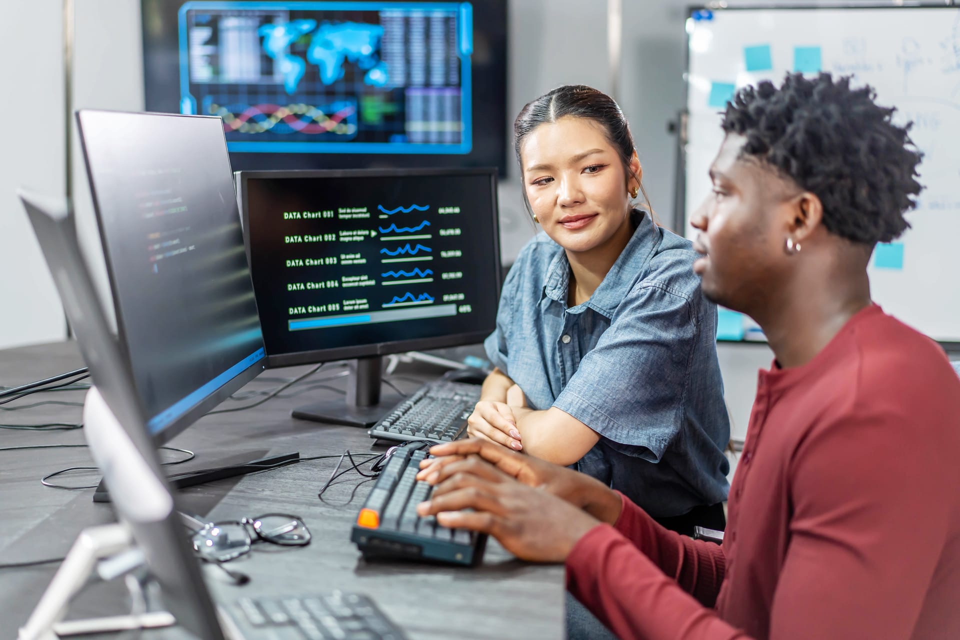 Two analysts reviewing dashboards at a workstation