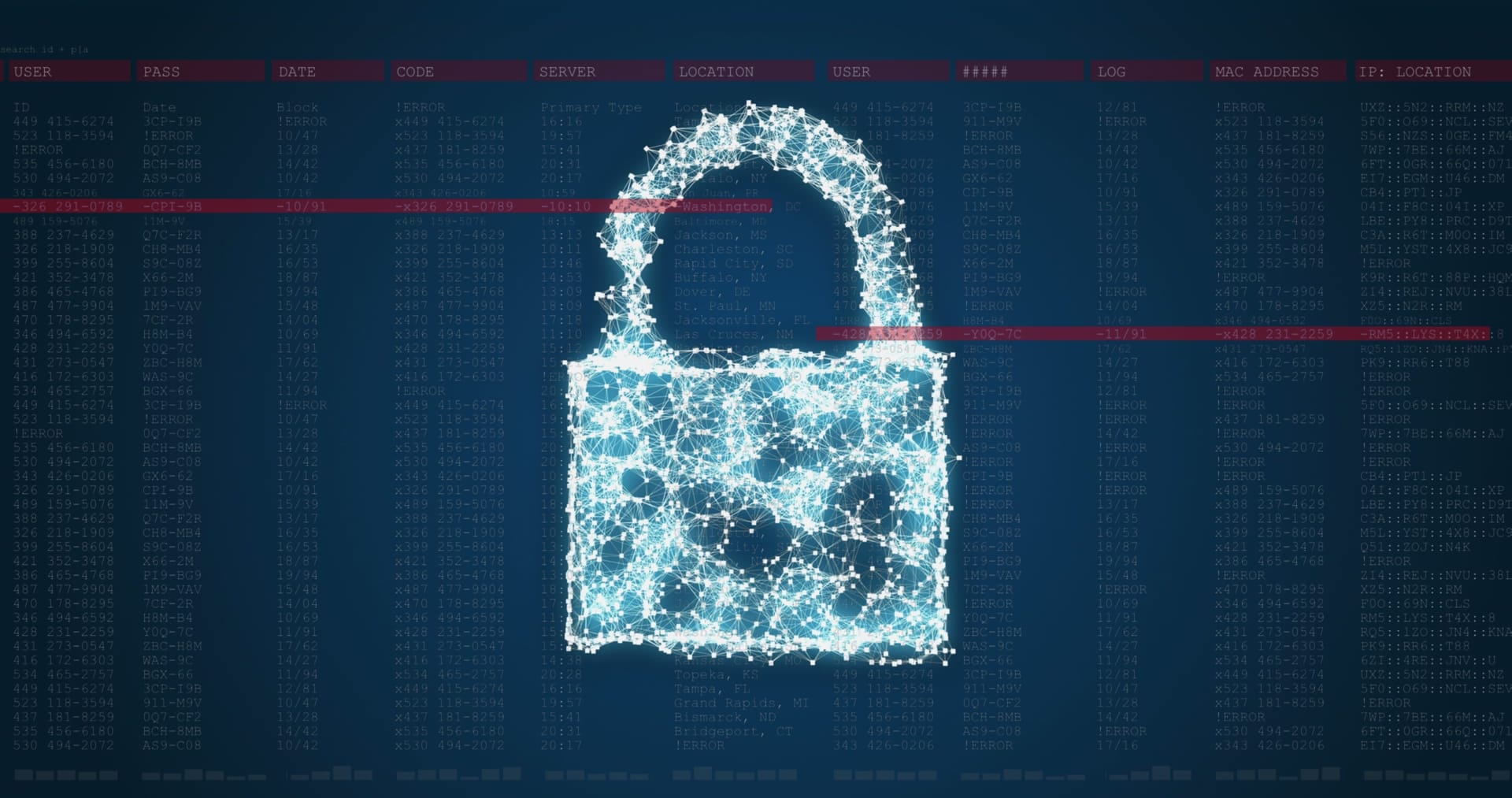 Padlock formed from points of light over columns of data