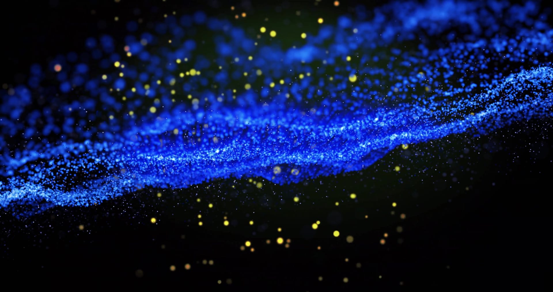 Blue particle stream with glowing amber dots on black