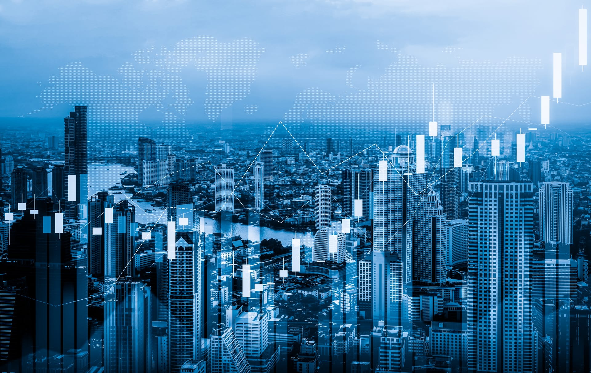 Financial charts layered over a blue city skyline