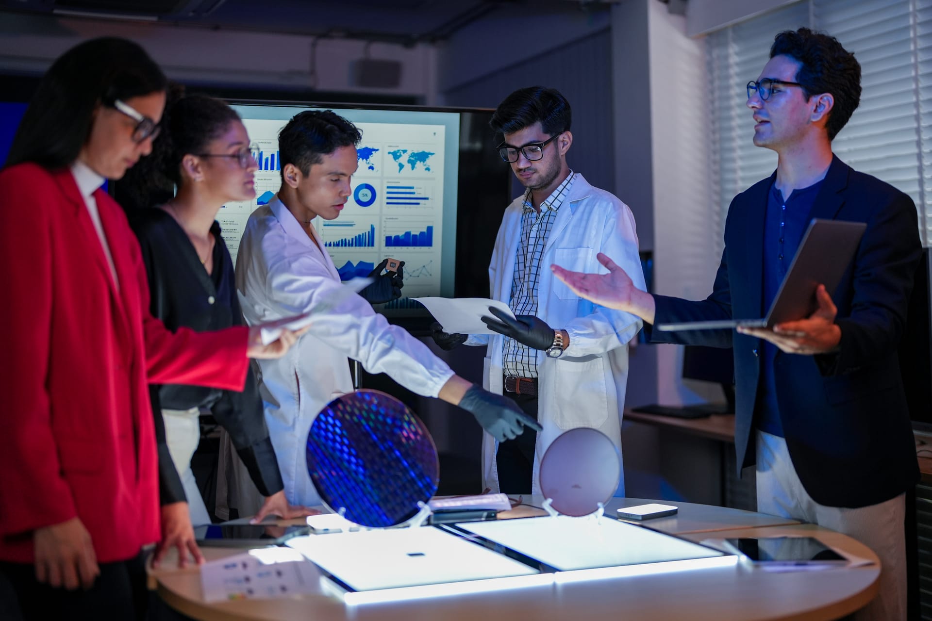 Engineering team examining silicon wafers in a lab