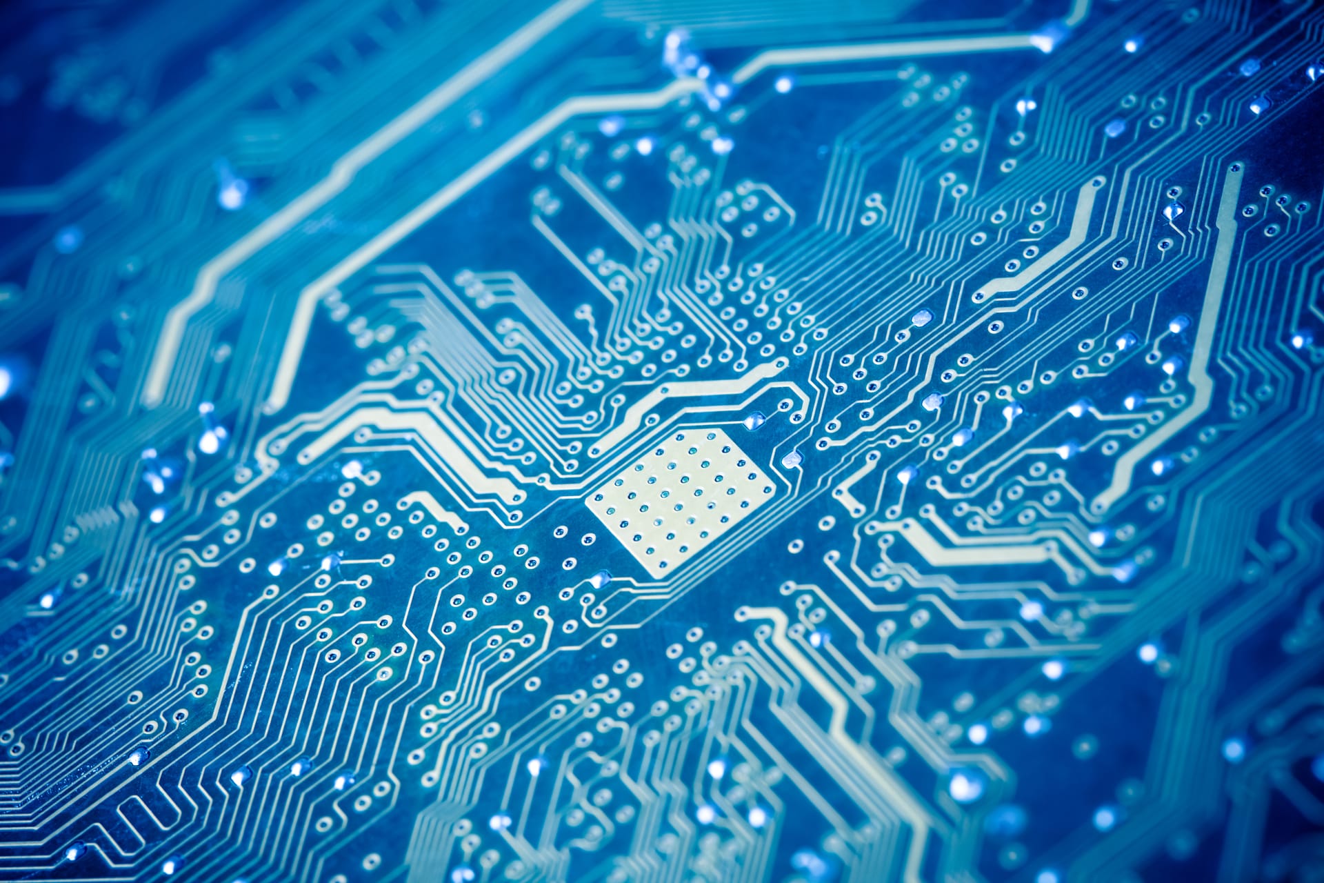 Circuit board macro in blue tones