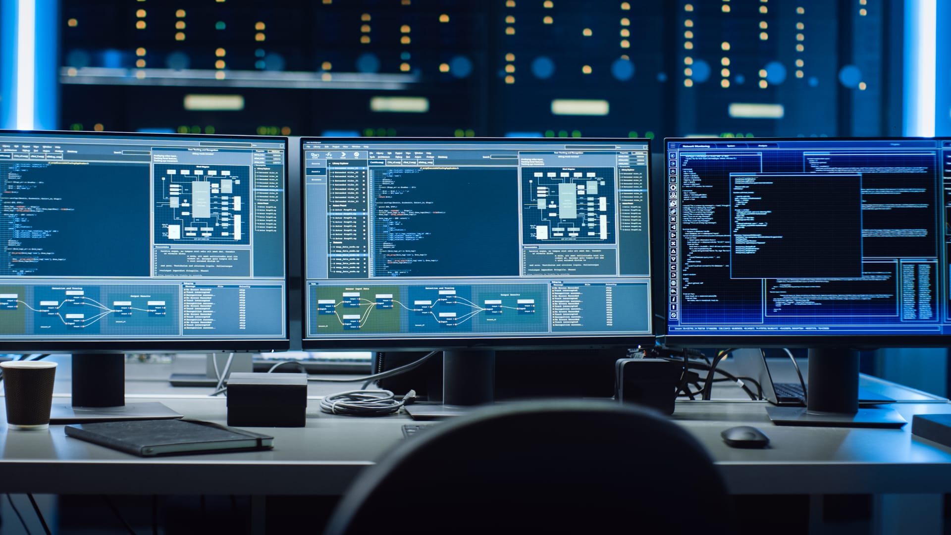 Multiple monitors showing system dashboards in a control room