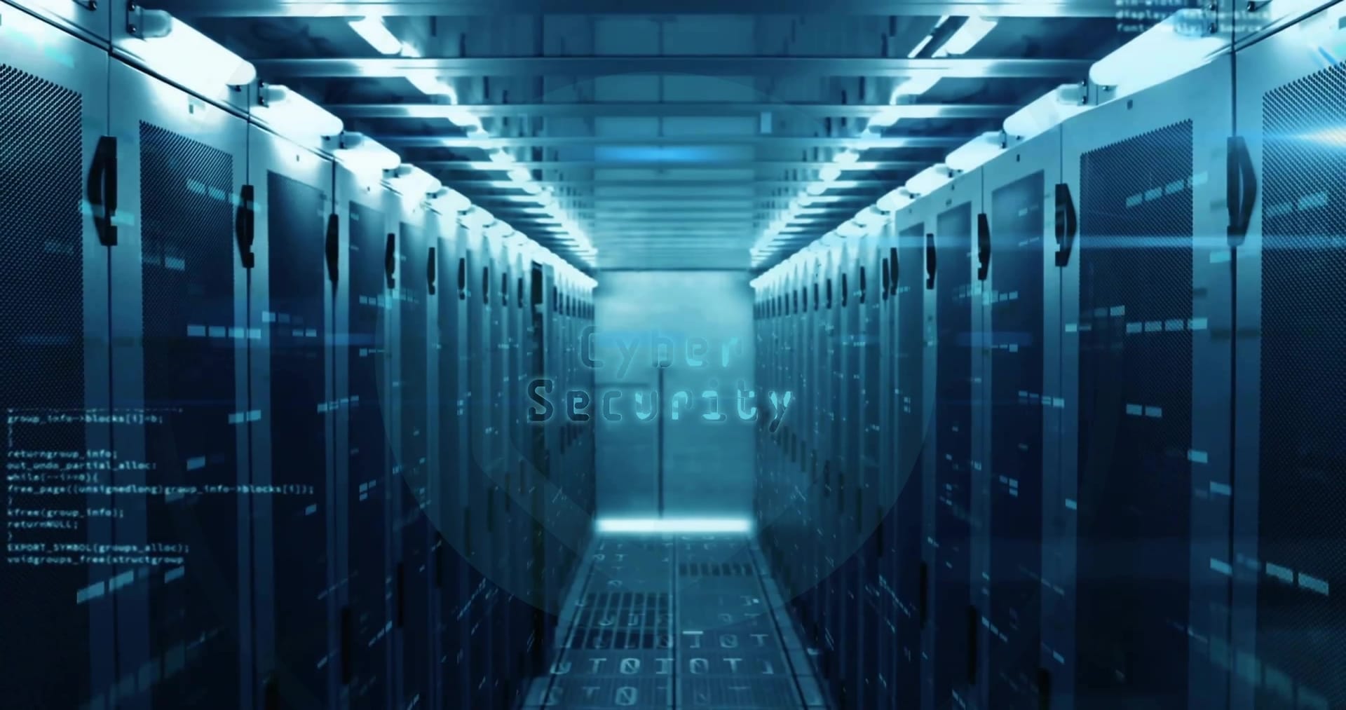 Server room corridor lit with a cool blue glow