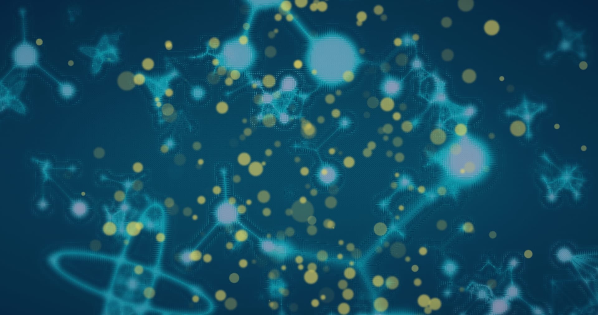 Amber and blue points of light linked in a molecular pattern